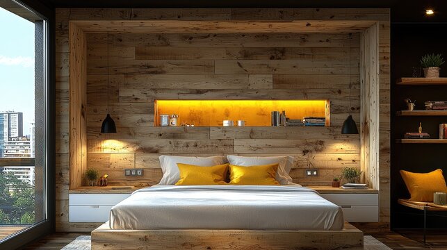 Modern bedroom with city view, wooden wall, yellow accent