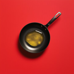 A black frying pan with oil in it, top view, on red background, minimalistic style, stock photo

