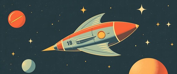 Naklejka premium A vintage space wallpaper featuring a retro-styled rocket ship with detailed chrome and fins, flying across a starry night sky, designed in a mid-century modern aesthetic using mut.