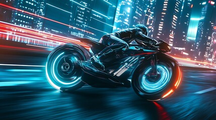 Obraz premium Neon light reflects off the futuristic cycle at dusk image