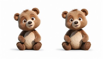 Obraz premium Two Cute Cartoon Bear Cubs Sitting Isolated on White Background