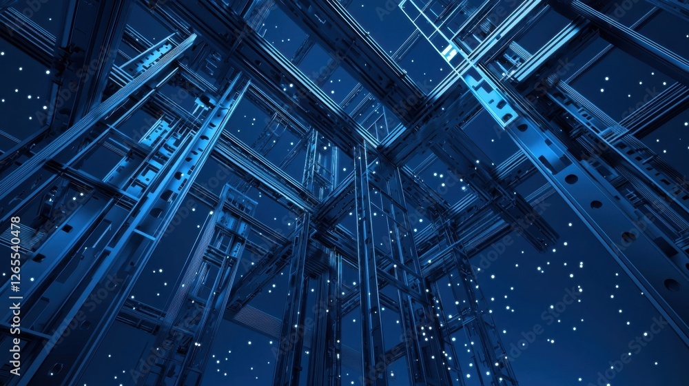 Poster abstract blue framework with geometric structures and floating particles in a dark setting for futur