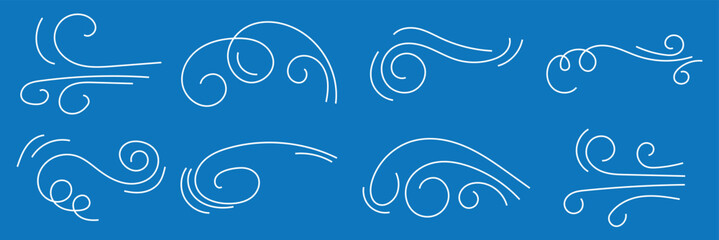 Doodle wind line sketch set. Hand drawn doodle wind motion, air blow, swirl elements. Sketch drawn air blow motion, smoke flow art, abstract line. 