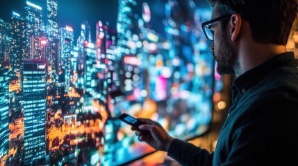 Filmmaker examines a vibrant cityscape on a large digital screen. Focusing on the intricate details of urban lights and architecture. The scene captures the essence of modern filmmaking technology