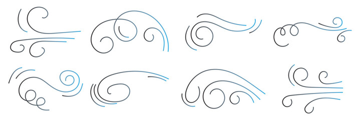 Doodle wind line sketch set. Hand drawn doodle wind motion, air blow, swirl elements. Sketch drawn air blow motion, smoke flow art, abstract line. 