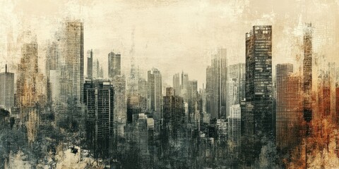 A distressed artistic rendition of a sprawling urban cityscape