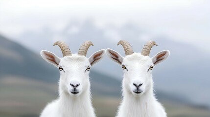 Obraz premium Two White Goats With Horns In Mountainous Landscape