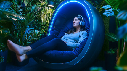 Woman relaxing in a futuristic sensory pod with ambient lighting and noise cancelling headphones surrounded by lush greenery for stress relief meditation mindfulness and mental wellness