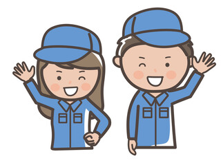 元気に挨拶をする作業着姿の男女作業員（清掃員）の上半身イラスト