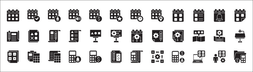 Business calendar schedule icon set. Finance and accounting icons. Icon set contains symbol of plan, strategy, calculator, agenda, financial, billing, event alert, profit, invoice, and statement.