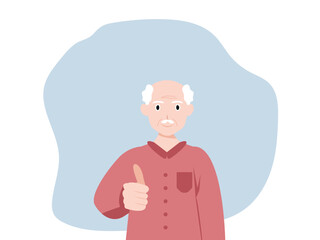 Happy senior man showing thumbs up with smile. Cartoon, vector and illustration.
