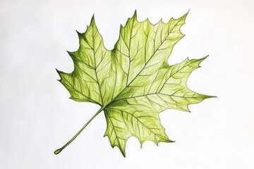 Fototapeta premium Green maple leaf drawing, white background, nature illustration, botanical art