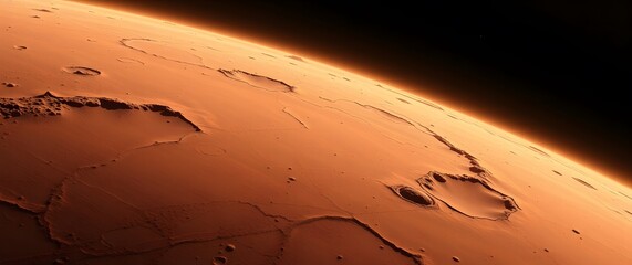 A space wallpaper showing the surface of Mars in 8k resolution capturing its reddish-brown color texture and craters featuring photorealistic detail focusing on realistic lighting .