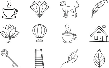 Line Art Icons Coffee, Home, Dog, Diamond, Nature, Key