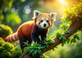 Adorable Red Panda Climbing Tree, Miniature Tilt-Shift Photo