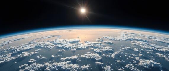A space wallpaper showing a panoramic view of Earth from space, rendered in a photorealistic style with crisp details and realistic cloud formations, framed in a wide cinematic asp.