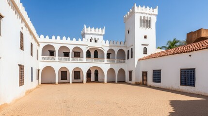 Fototapeta premium Charming White Historic Architecture with Courtyard and Tower
