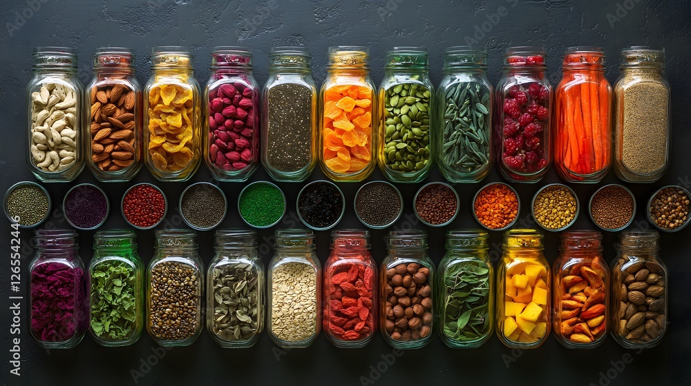 Poster Pojjw 94734 create a captivating flat lay image showcasing rows of assorted beans nuts and seeds arranged beautifully for a vibrant visual experience