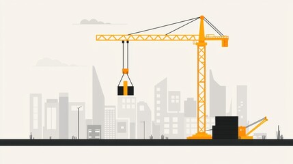 Obraz premium Urban Construction Scene with Yellow Crane and City Skyline in Minimalist Style, Featuring Abstract Buildings and Cargo Lifting Elements