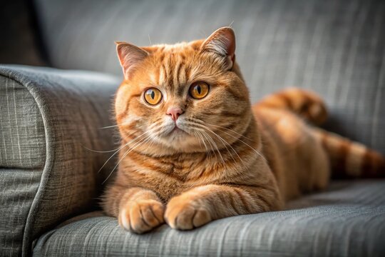 Adorable Red Scottish Fold Kitten Relaxing on a Grey Sofa - Cute Pet Stock Photo