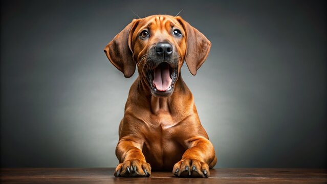 Adorable Rhodesian Ridgeback Puppy Yawning, Grey Background - Stock Photo