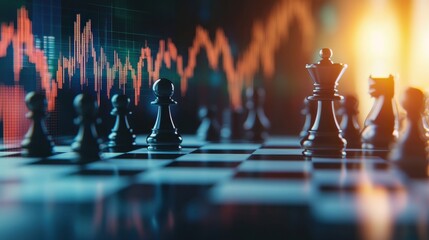 Chess Pieces on Board with Stock Market Graph Background