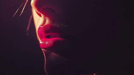 A striking female model with vibrant pink lips, half her face in shadow, exuding bold elegance and mystery.