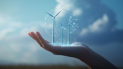 Digital wind farm concept showcasing renewable energy innovation and sustainability in a futuristic landscape
