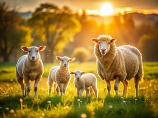 Fototapeta premium Adorable Sheep Family in Lush Green Farm Field - Bokeh Effect