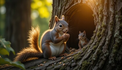 Obraz premium A Squirrel Eating with Its Baby in the Hollow