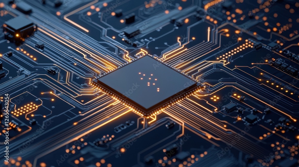 Poster intricate close-up view of a computer chip surrounded by glowing circuitry on a dark background, sho