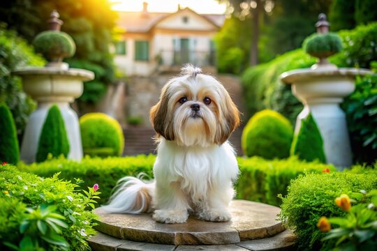 Adorable Shih Tzu Puppy Amidst Lush Greenery - Architectural Garden Setting
