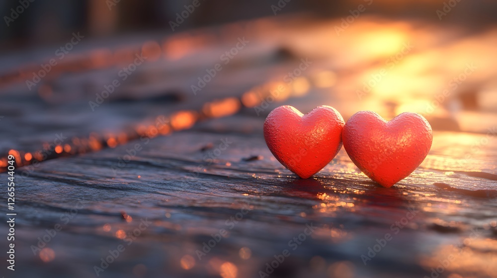 Poster the image features 3 small red heart-shaped objects on a rustic wooden surface symbolizing love affe