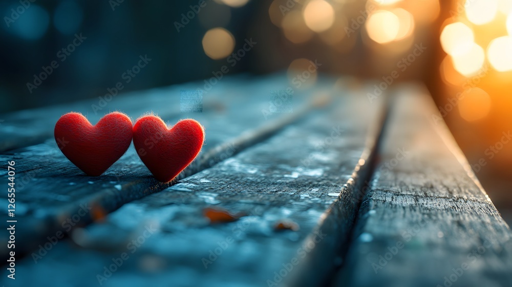 Poster the image features 3 small red heart-shaped objects sitting on a wooden bench symbolizing love affec