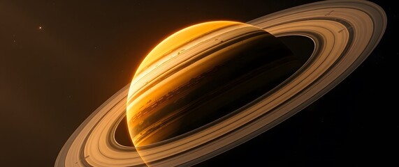 A space wallpaper depicting a planet with rings, realistic rendering, warm orange and brown hues on the planet, cool blue-green shades on the rings, dramatic lighting, cinematic st.