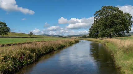 Serene River Flows Through Lush Green Countryside