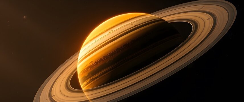 A space wallpaper depicting a planet with rings, realistic rendering, warm orange and brown hues on the planet, cool blue-green shades on the rings, dramatic lighting, cinematic st.