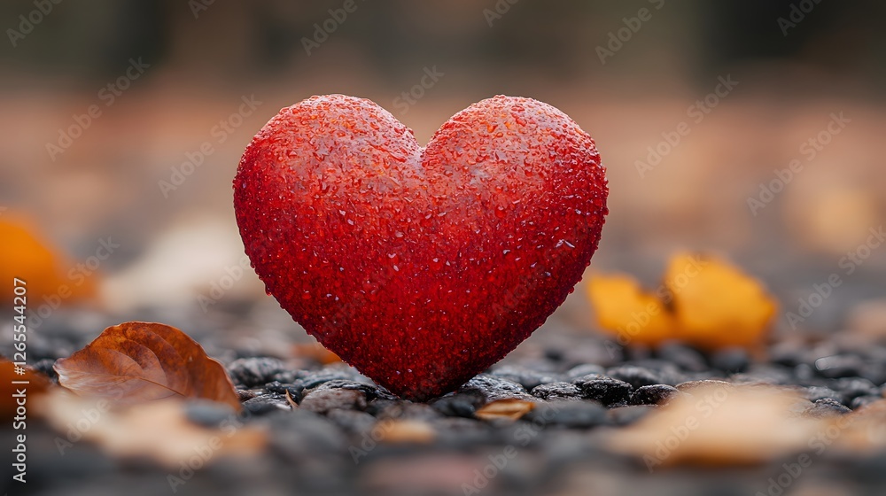Poster the image features a simple solid red heart shape placed on a pile of vibrant autumn leaves creating