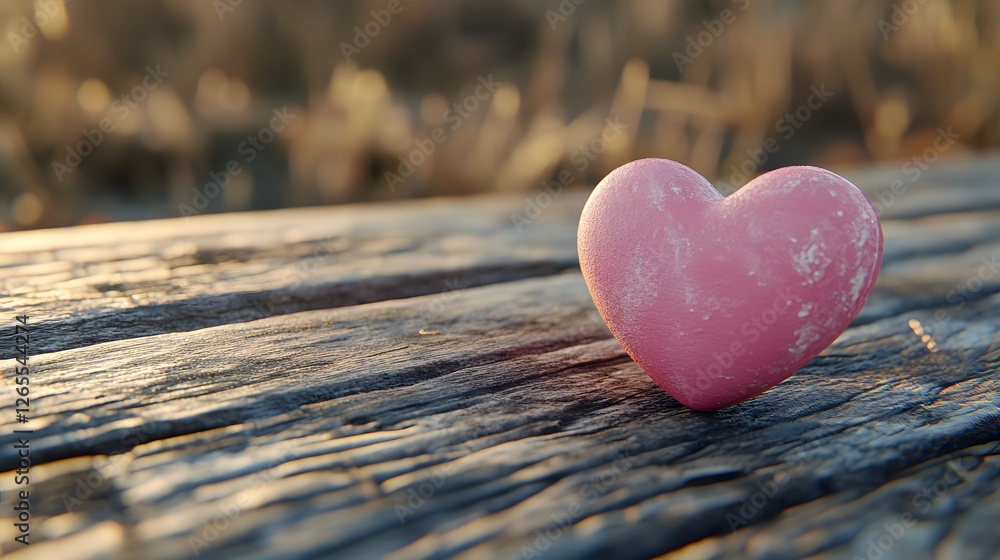 Poster the image features a small pink heart-shaped object on a rustic wooden table symbolizing love affect