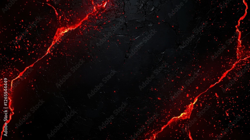 Poster fiery lava texture with dark cracked background and glowing red accents for use in design and creati