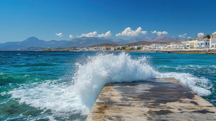 Naxos Town Pier Waves. Cyclade Summer Travel in Greece Mediterranean