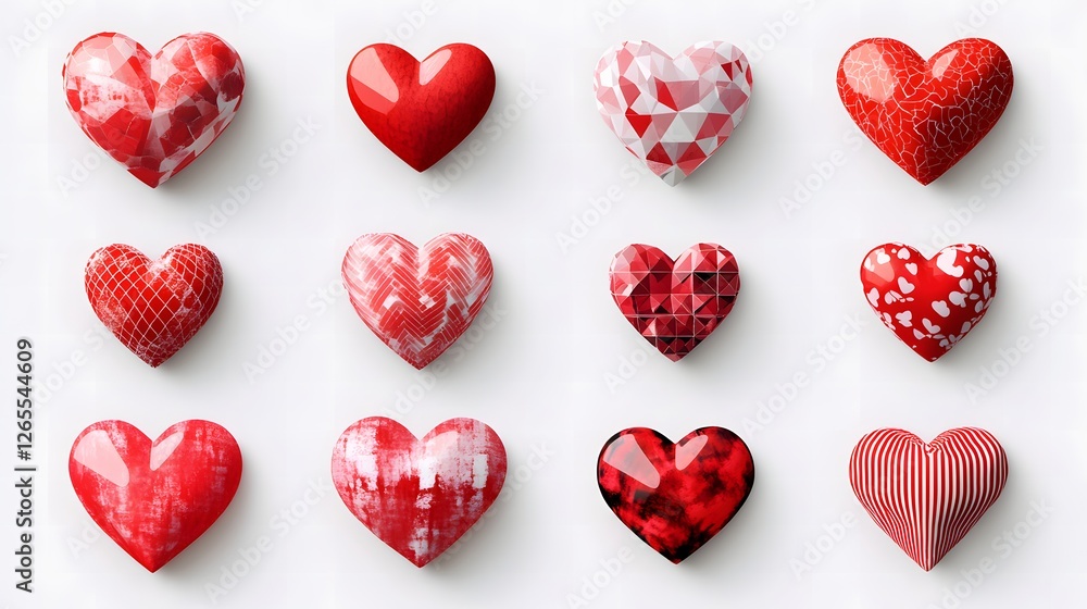 Poster the image showcases a collection of twelve heart shapes featuring various designs and colors perfect