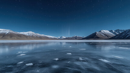 Fototapeta premium A majestic frozen lake reflecting the vibrant hues of the aurora borealis above