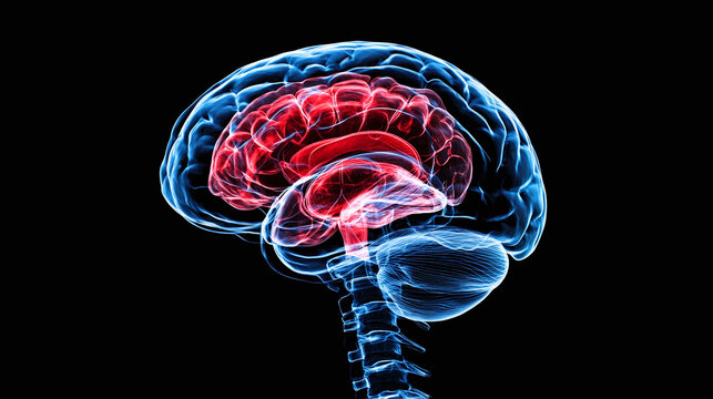 Medical 3d x-ray illustration of a human spine and brain, painful nervs are highlighted in red.