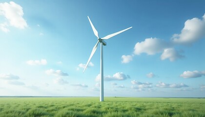 Fototapeta premium Modern wind turbine in a green field under a clear blue sky with fluffy clouds