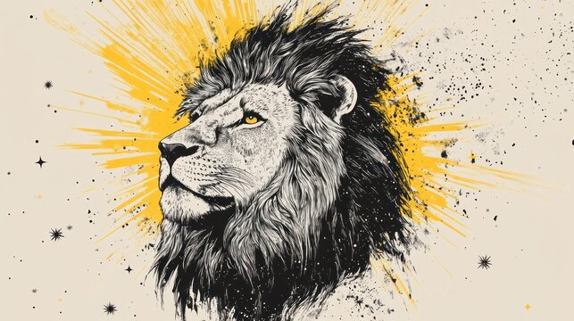 Lion head profile art with bursting yellow sun background for power, strength and courage theme