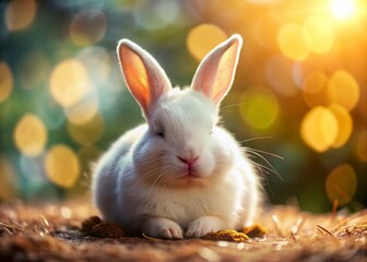 Adorable Tiny White Bunny Napping, Paws Tucked, Tilt-Shift Miniature Effect