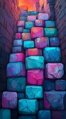 Stunning View of Brightly Colored Stacked Blocks in a Surreal Pathway Surrounded by Light Effects