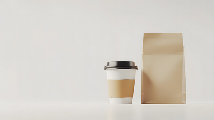 Takeaway coffee cup next to a simple brown bag on a clean surface.
