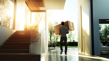 carrying a large moving box up the stairs in a modern home 